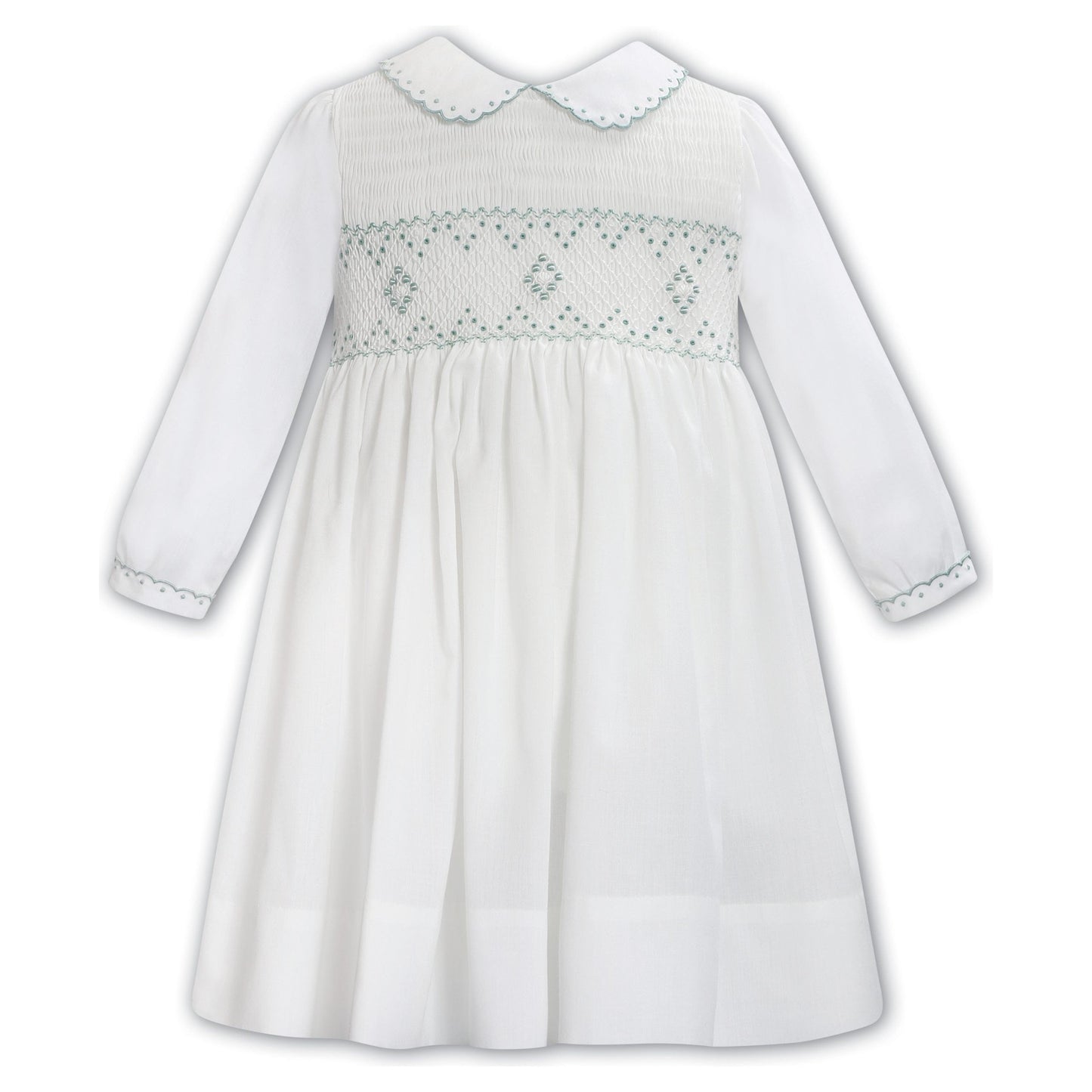 Hand Embroidered White Dress W/Green Emb