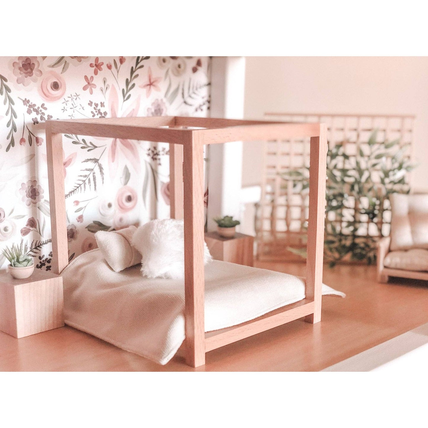 Four Poster Bed + Mattress | Natural Wood