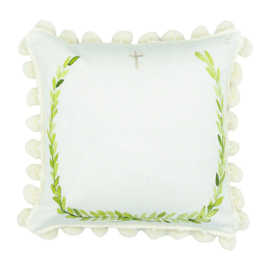 Laurel Wreath W/Cross Pom Pom Pillow