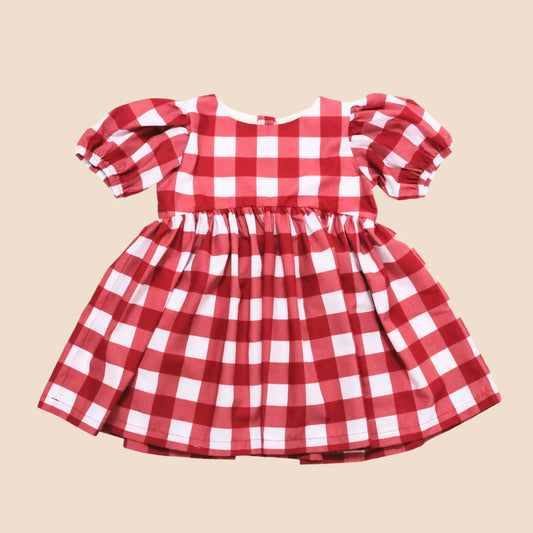 Puffy Sleeve Dress- Cranberry Check