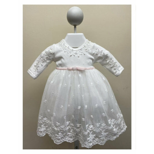 White Cotton and Lace Dress w/Headband Pink Tie